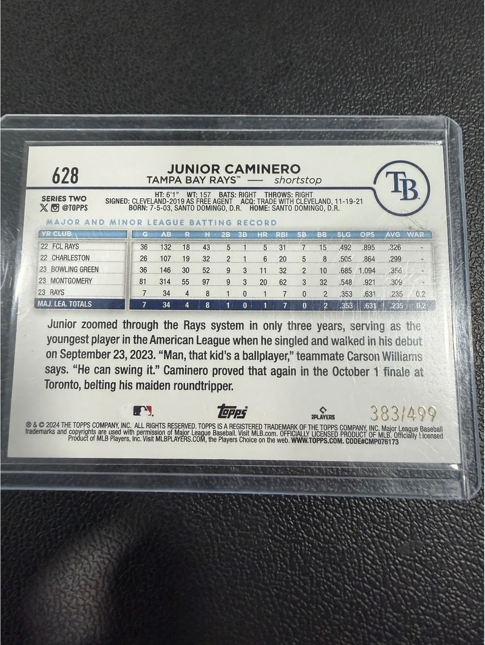 2024 Topps Series 2 Junior Caminero Green Foil Rookie Card #628 - Serial #383/